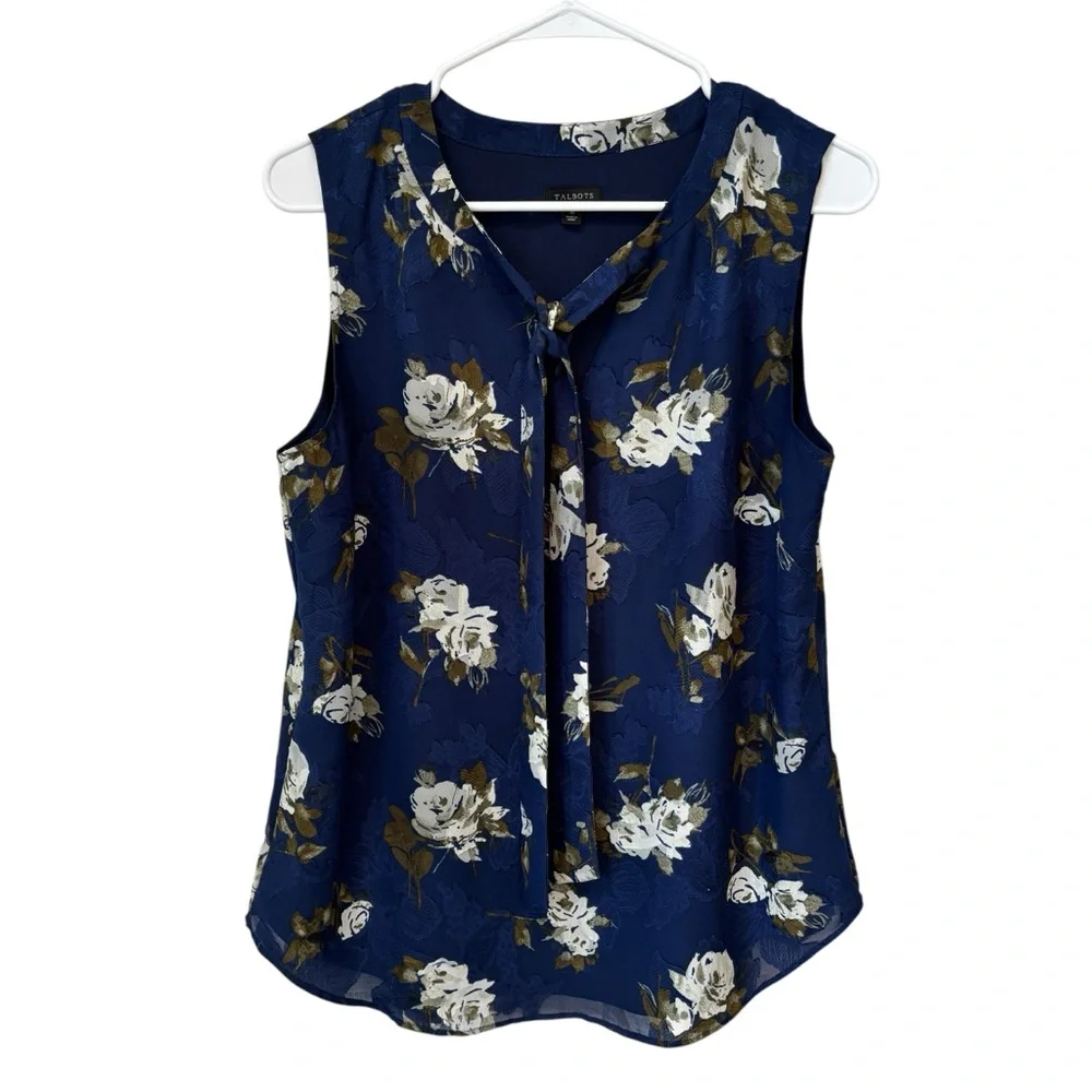 Talbots Floral Sleeveless Top Women’s Medium Tie Neck Navy Blue Blouse Office - Picture 10 of 10